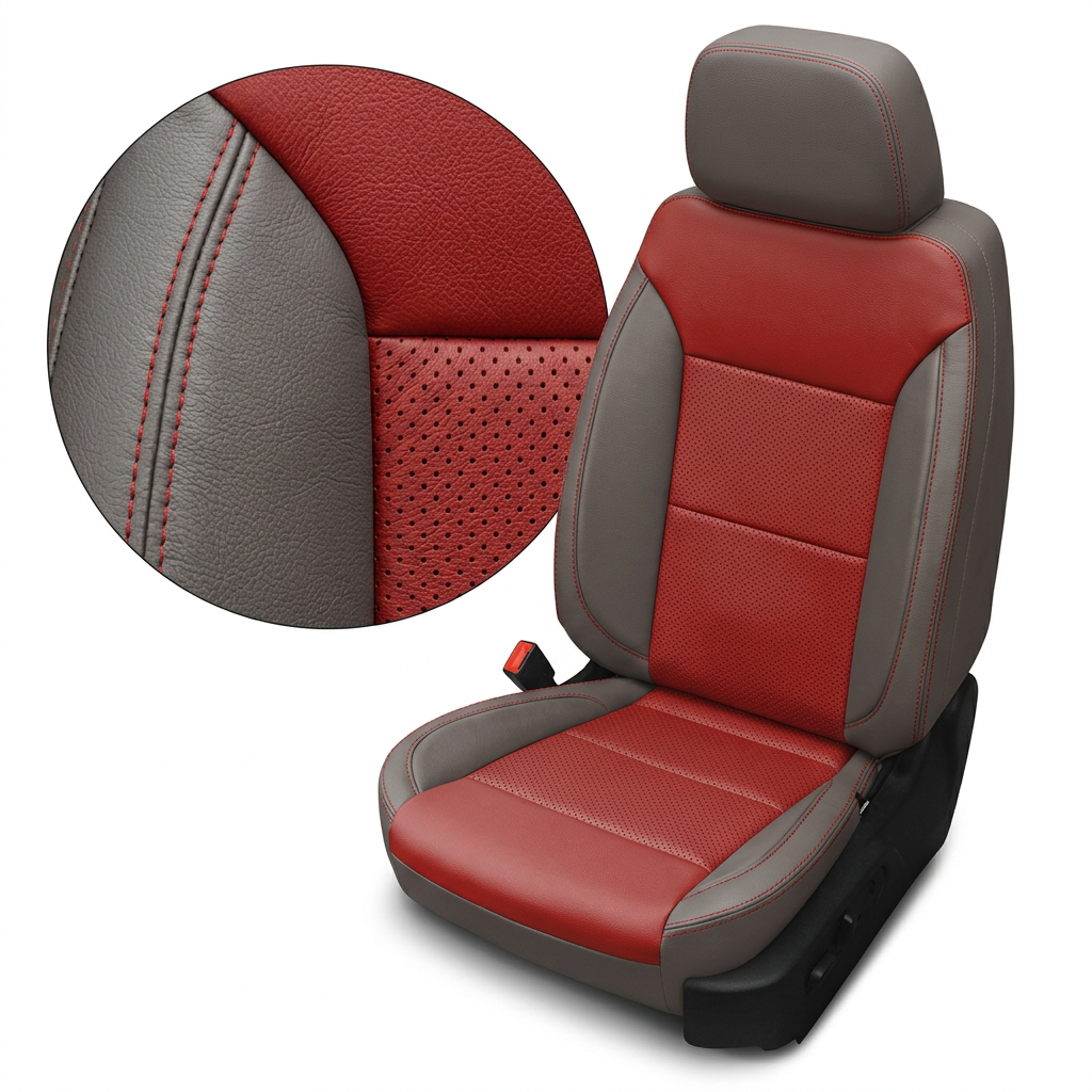 Close-up of a 2023–2026 Chevrolet Silverado (New Body Style) Leatherteck seat upholstery showing platinum gray outer panels, red perforated center inserts, and contrast stitching, with an inset highlighting the leather grain, perforation pattern, and stitching detail.