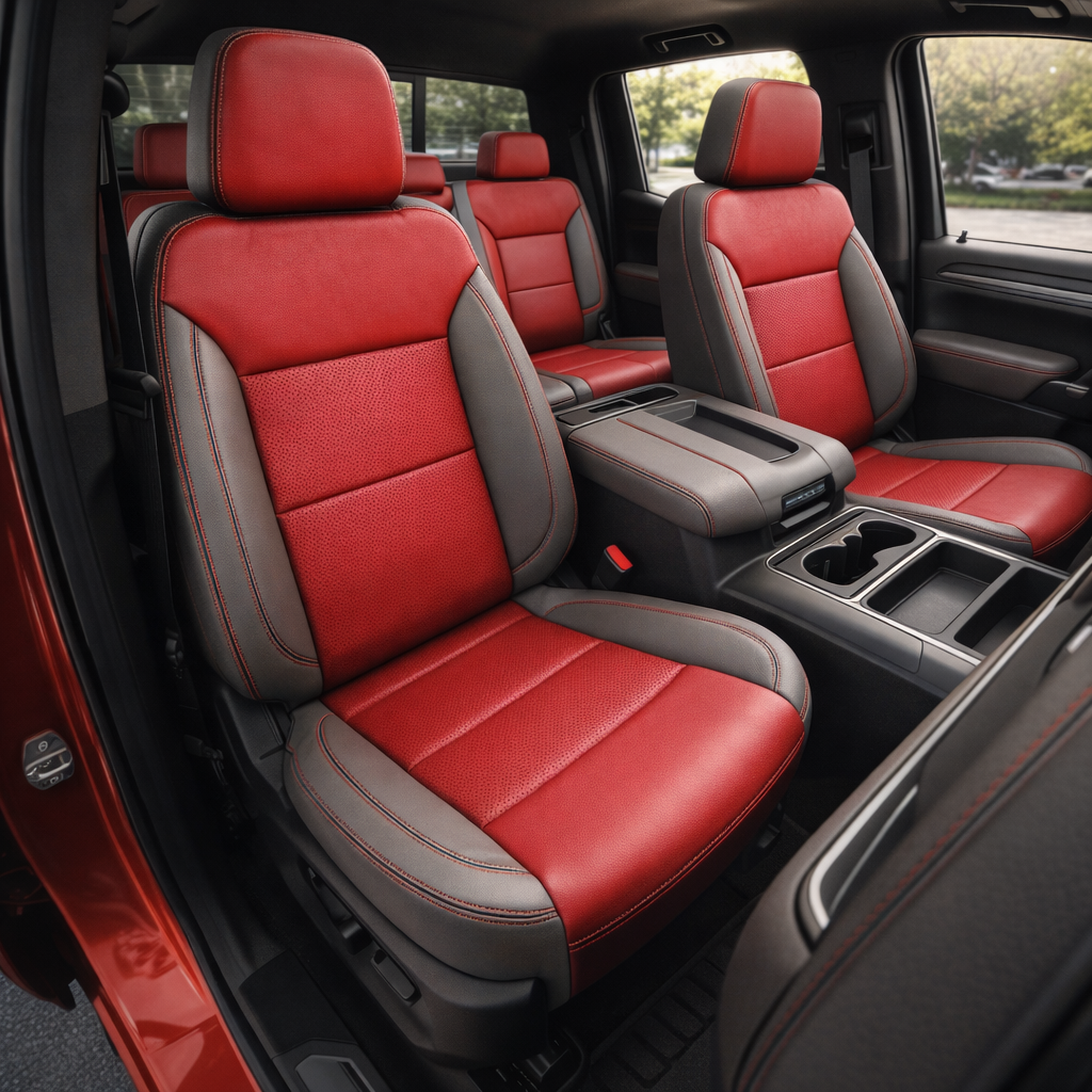 Front in-cabin view of a 2023–2026 Chevrolet Silverado (New Body Style) featuring upgraded Leatherteck seats with platinum gray outer panels, red perforated inserts, and contrast stitching, shown with the front bucket seats, center console, and matching rear seating in the background.