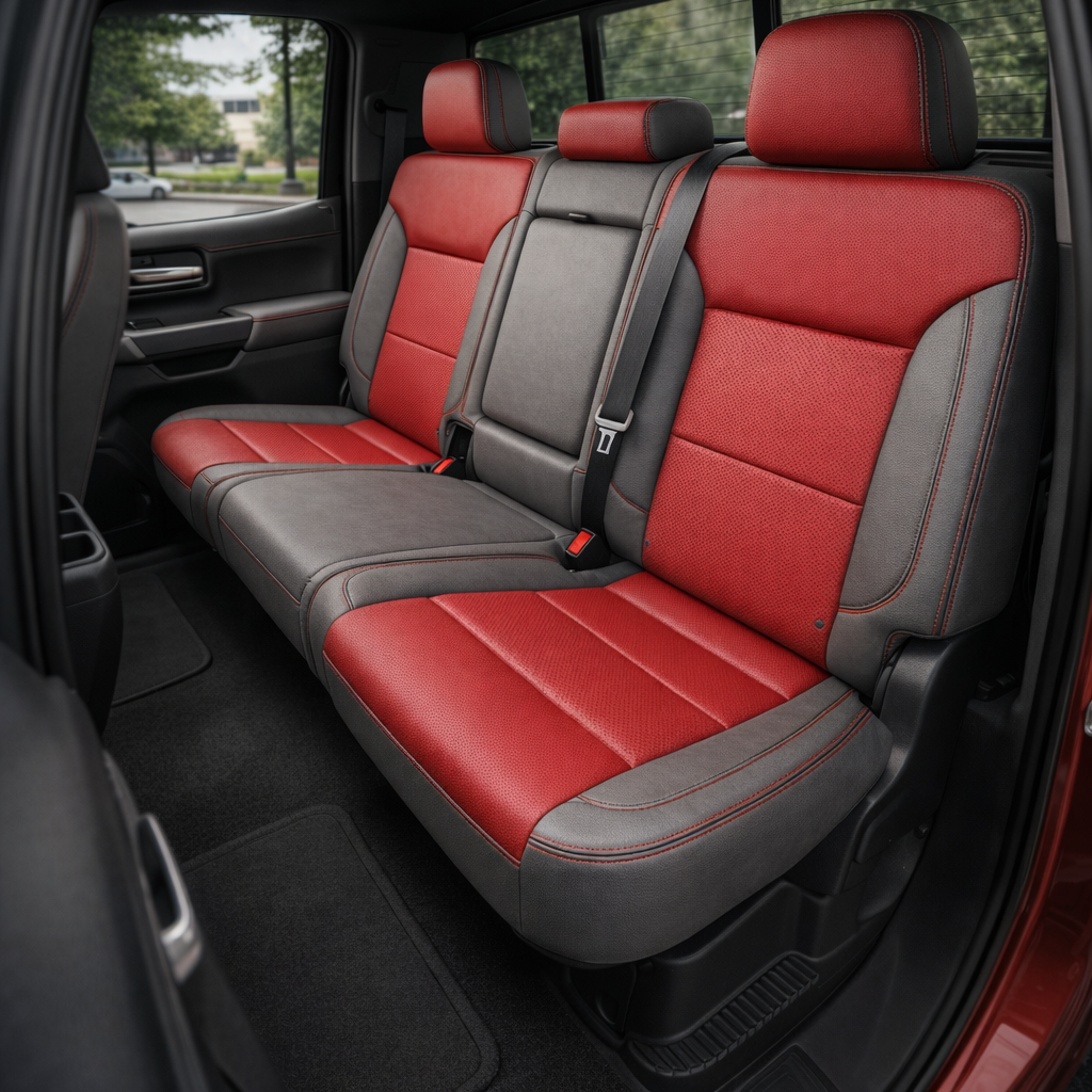 Rear in-cabin view of a 2023–2026 Chevrolet Silverado (New Body Style) with upgraded Leatherteck rear bench upholstery featuring platinum gray bolsters, red perforated seat and back inserts, and contrast stitching, with rear seatbelts and headrests visible.