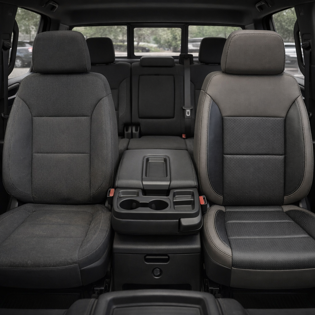 Before-and-after front in-cabin view of a 2023–2026 Chevrolet Silverado (New Body Style): the left front seat shows original dark cloth upholstery, while the right front seat is upgraded with a Leatherteck platinum gray leather kit featuring square-perforated flint inserts and black contrast stitching, with the center console, cupholders, and rear bench seat visible in the background.