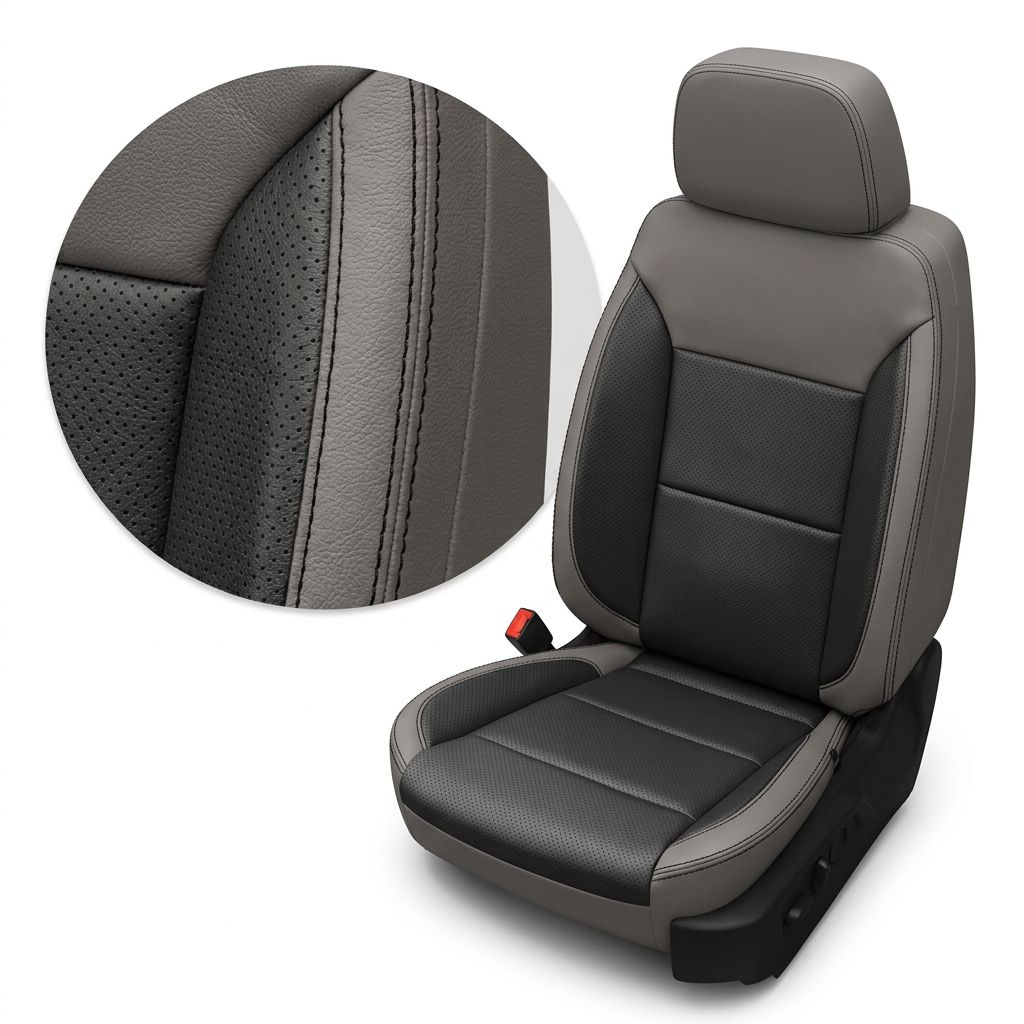 Close-up product image of a 2023–2026 Chevrolet Silverado (New Body Style) Leatherteck seat upholstery kit in platinum gray with square-perforated flint (dark gray/black) inserts and black contrast stitching, with a circular inset highlighting the leather grain, perforation pattern, and stitched seam detail.