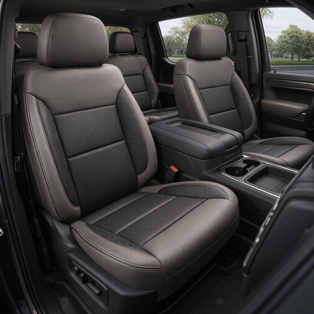  Front in-cabin view of a 2023–2026 Chevrolet Silverado (New Body Style) featuring Leatherteck front bucket seats upholstered in platinum gray with square-perforated flint inserts and black contrast stitching, shown with the center console, cupholders, and rear bench seat visible.