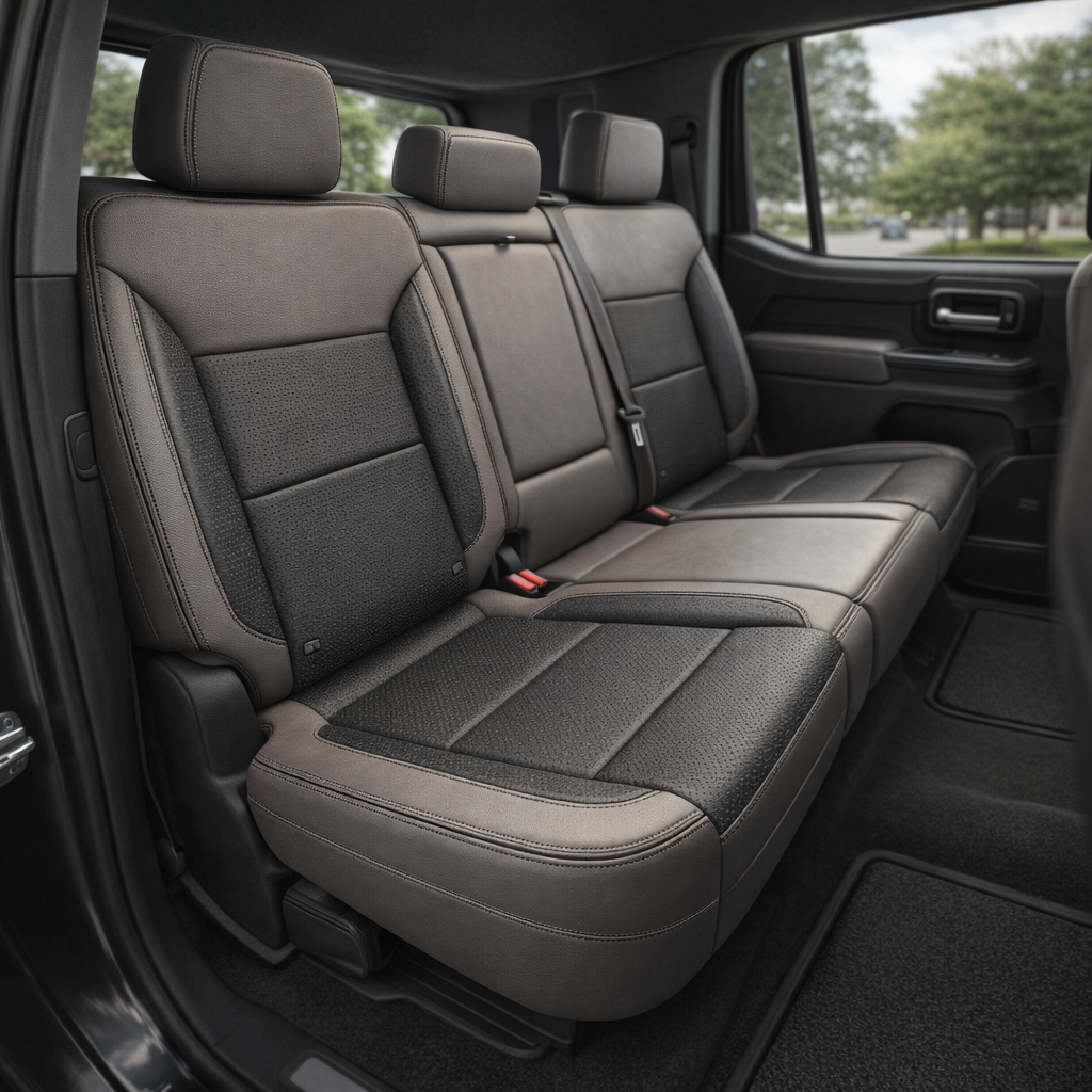 Rear in-cabin view of a 2023–2026 Chevrolet Silverado (New Body Style) featuring a Leatherteck rear bench seat upholstered in platinum gray with square-perforated flint inserts and black contrast stitching, showing the three headrests, seatbelts, and rear door panel.