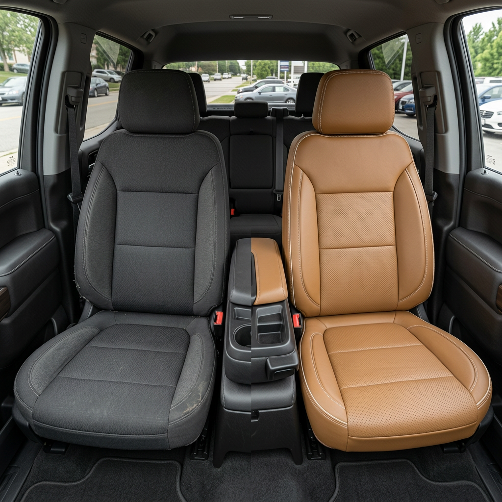Before-and-after cabin view of a 2023–2026 Chevrolet Silverado (New Body Style): left shows the original dark cloth front seat, right shows upgraded Leatherteck tan leather upholstery with perforated inserts and pearl white contrast stitching on the seat and headrest.
