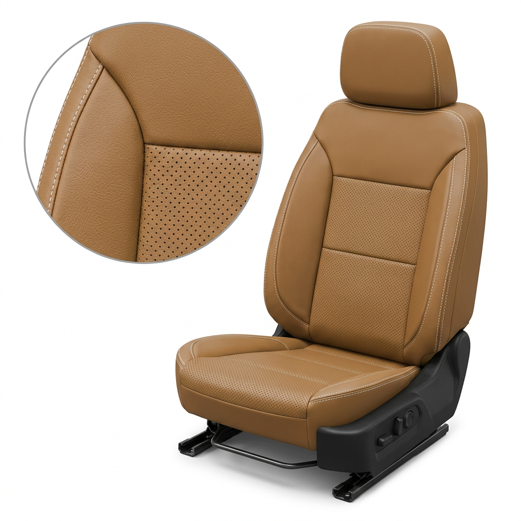 Close-up of the Leatherteck seat upholstery for a 2023–2026 Chevrolet Silverado (New Body Style) in tan leather, showing perforated center inserts and pearl white contrast stitching along the seams on the seat and headrest.
