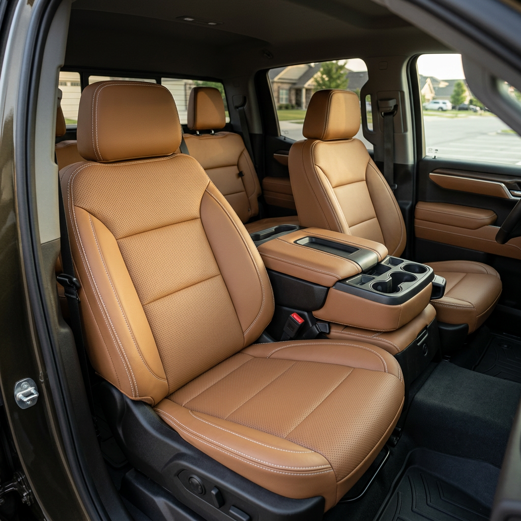 Front in-cabin view of a 2023–2026 Chevrolet Silverado (New Body Style) with Leatherteck tan leather seat upholstery featuring perforated inserts and pearl white contrast stitching on the front bucket seats, headrests, and center console.