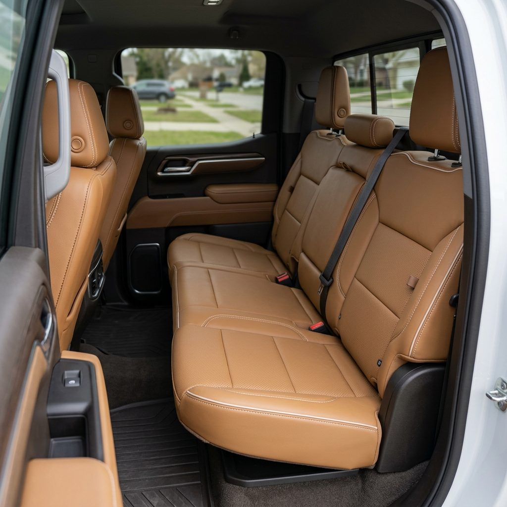 Rear in-cabin view of a 2023–2026 Chevrolet Silverado (New Body Style) with Leatherteck tan leather seat upholstery featuring perforated inserts and pearl white contrast stitching across the rear bench seat cushions, seatbacks, and headrests.