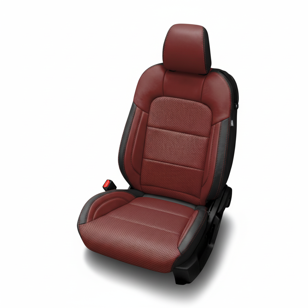 Black leather car seat with red perforated inserts on a white background.