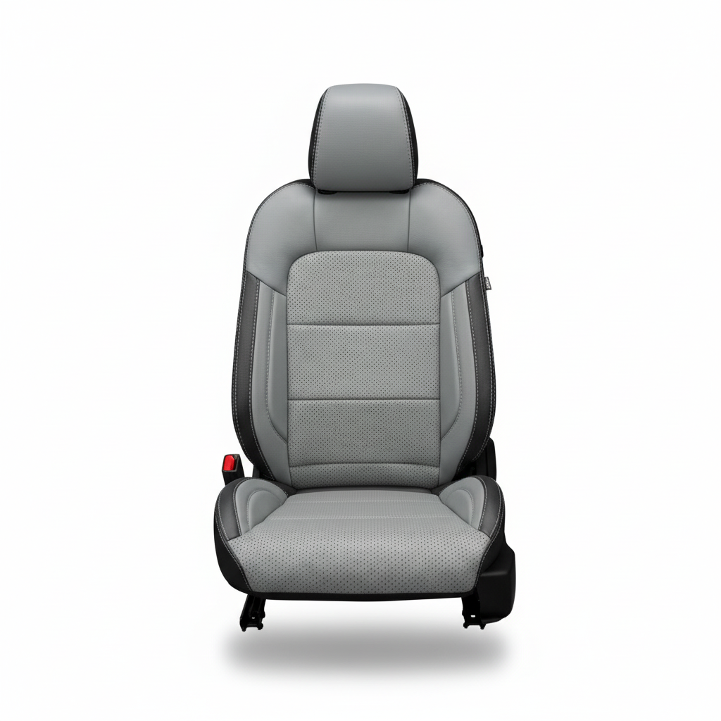 Black leather car seat with pumice gray perforated inserts on a white background.