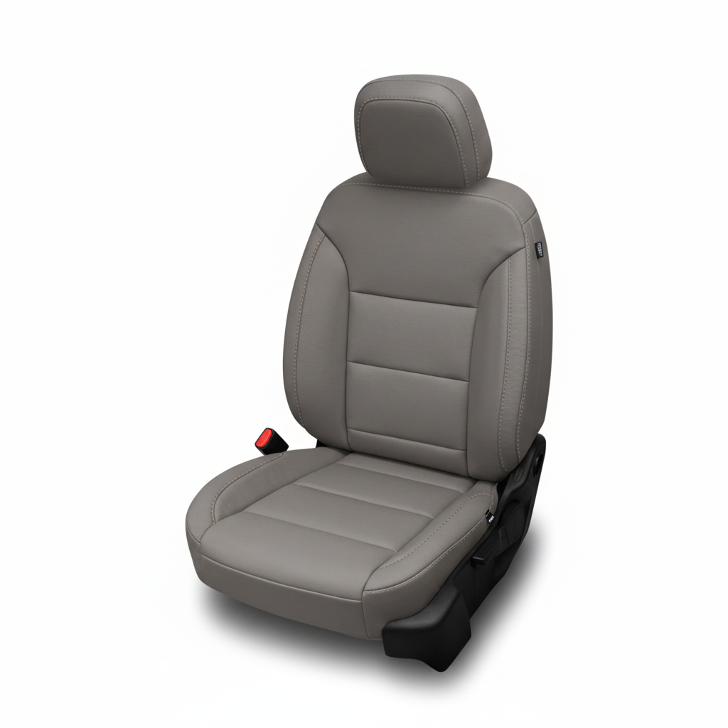 Ash gray leather car seat with silver stitching on a white background.