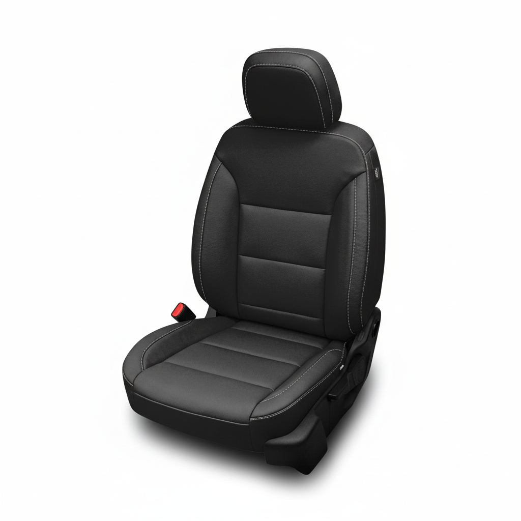 Black leather car seat with silver stitching on a white background.