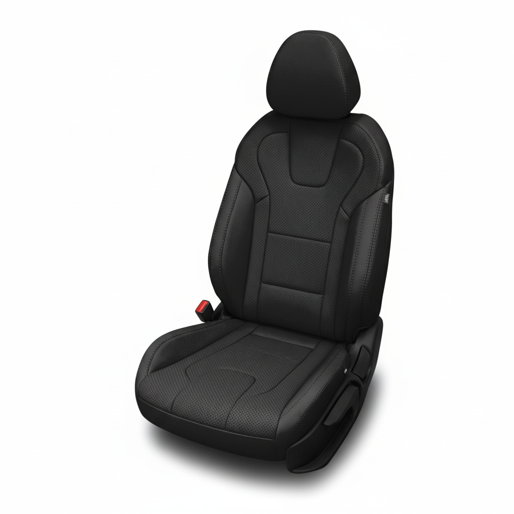 Black leather car seat with perforated inserts on a white background.