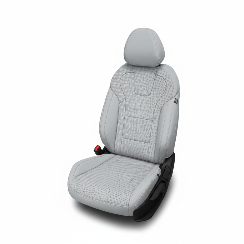 Cement gray leather car seat with perforated inserts and silver stitching on a white background.
