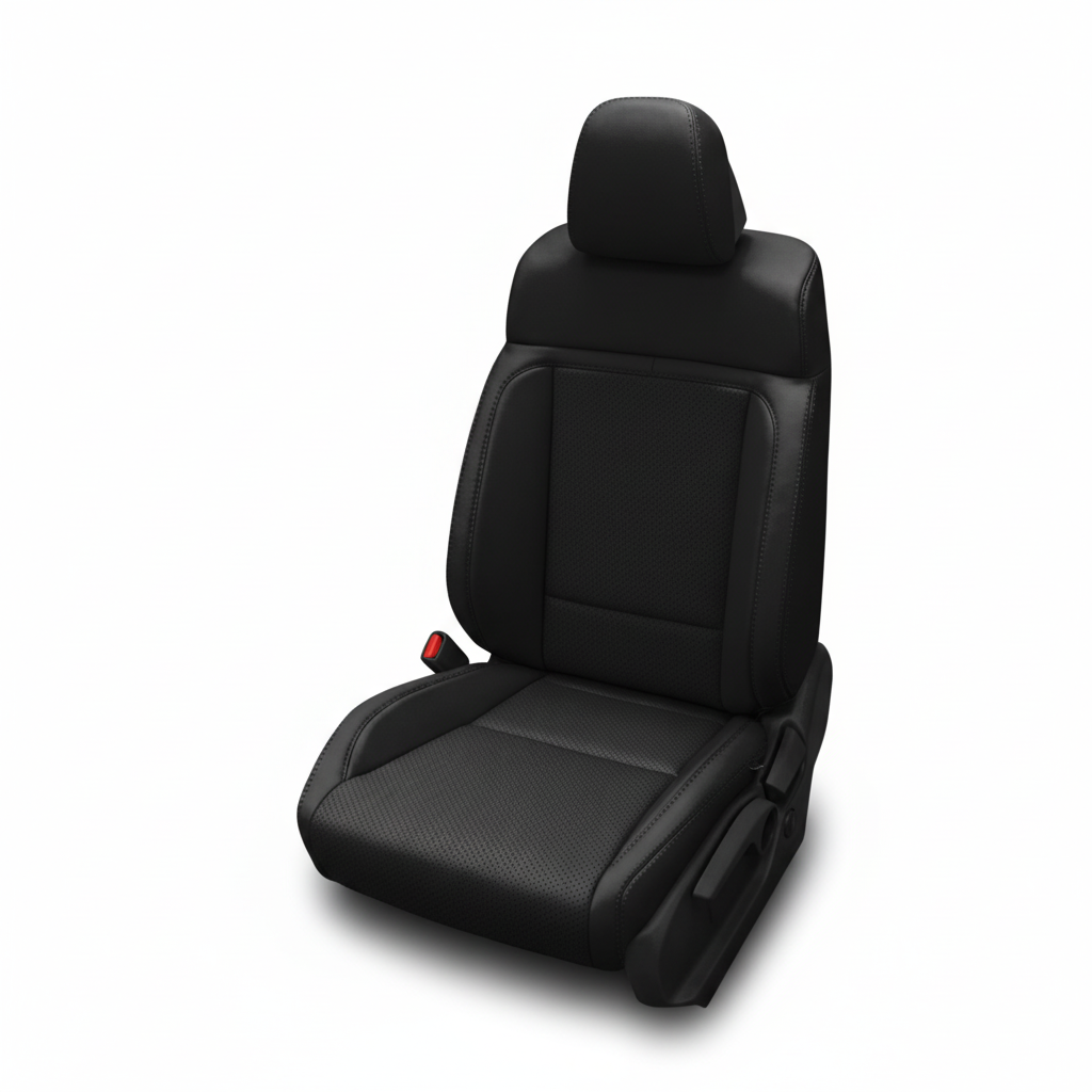 Black leather car seat with perforated inserts on a white background.
