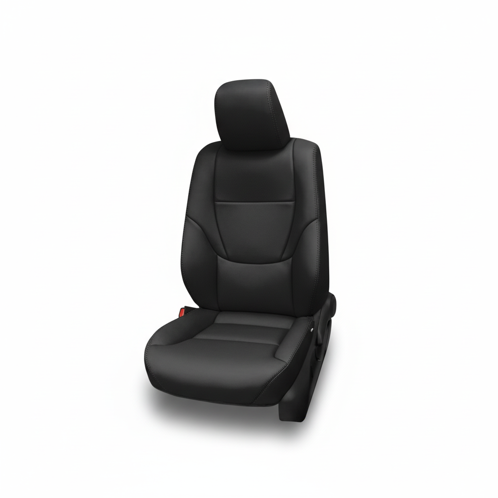 Black leather car seat on a white background.
