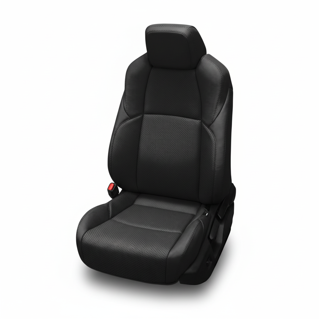 Black leather car seat with perforated inserts on a white background.
