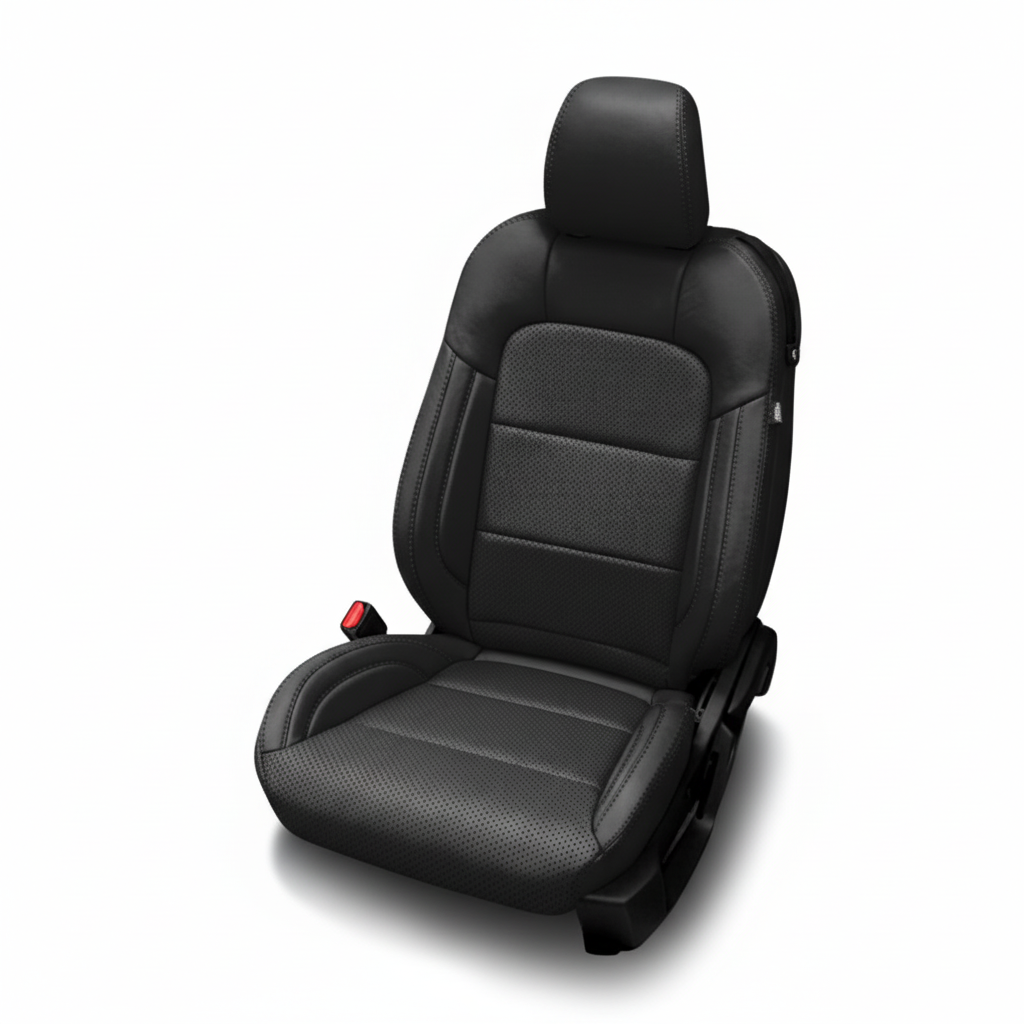 Black leather car seat with perforated inserts on a white background.