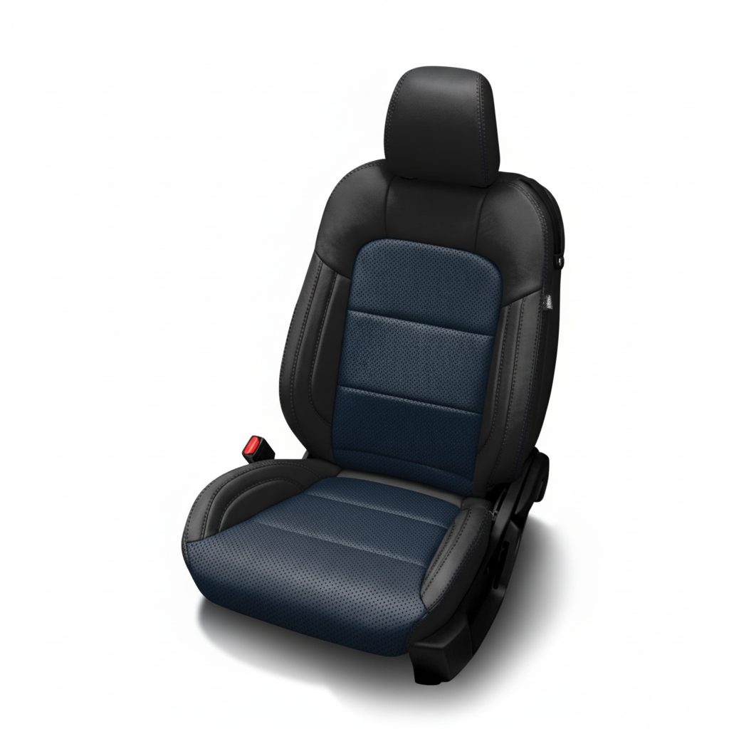 Black leather car seat with blue perforated inserts on a white background.