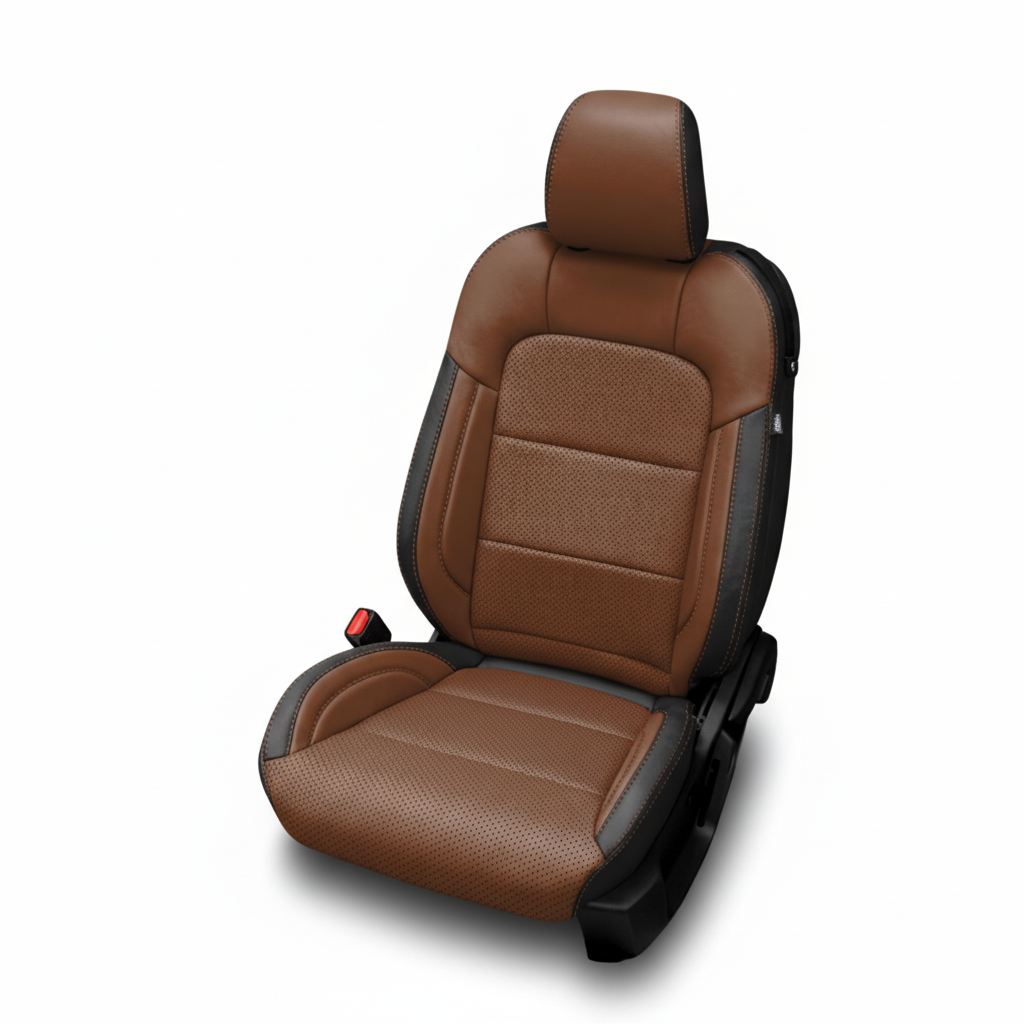 Black leather car seat with mahogany perforated inserts on a white background.