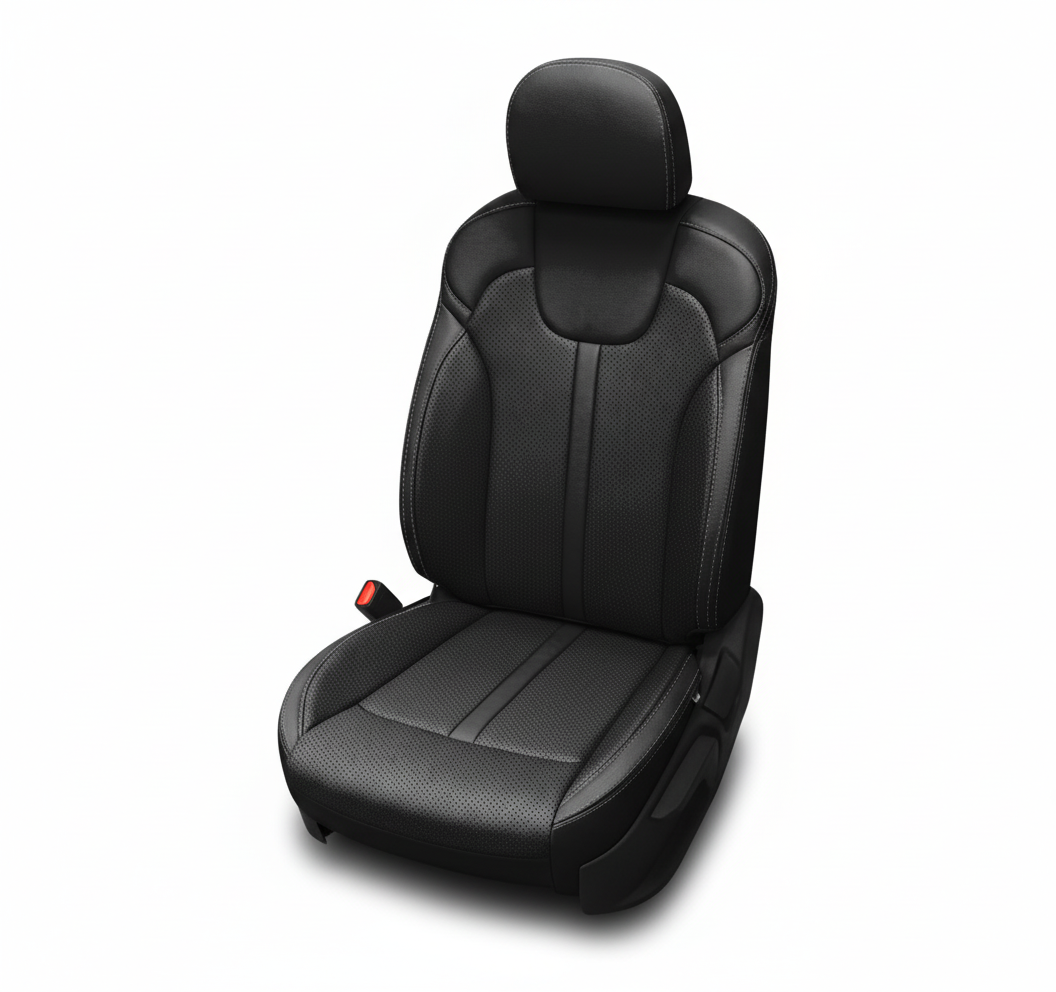 Black car seat cover with perforated design and stone contrast stitching on a white background