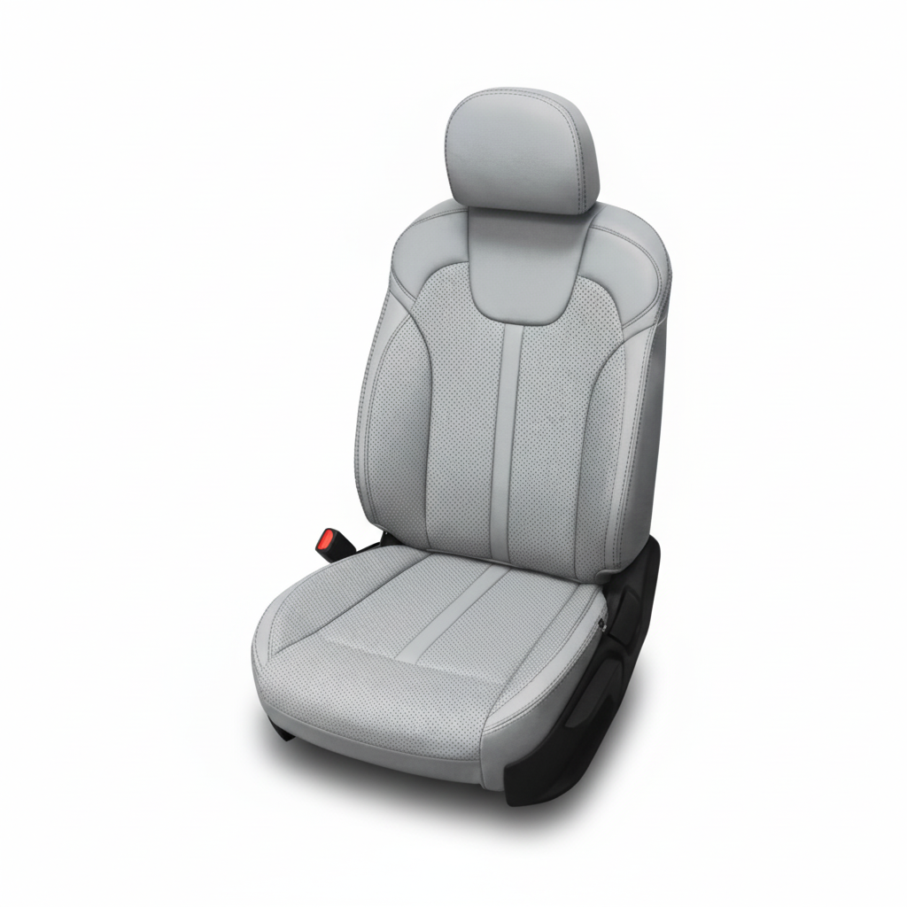 Gray car seat cover features cement gray leather with perforated panels on a white background