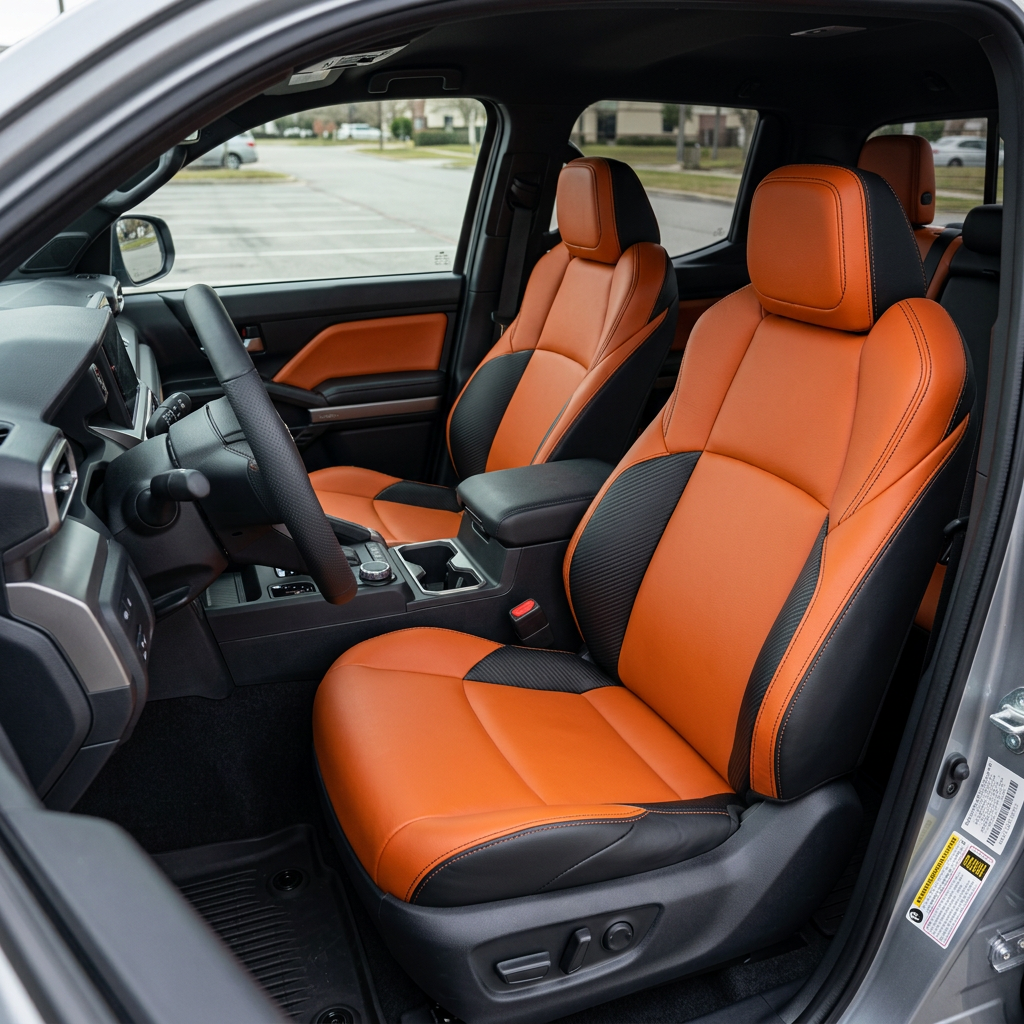 Front in-cabin view of a 2024–2026 Toyota Tacoma Hybrid with an installed Leatherteck leather seat upholstery kit in black featuring tangerine orange facing panels, black carbon fiber-style accent panels, and black contrast stitching, photographed from the open driver-side door showing the driver and passenger bucket seats, headrests, center console/armrest with cupholders and shifter, and the orange-trimmed door panel.