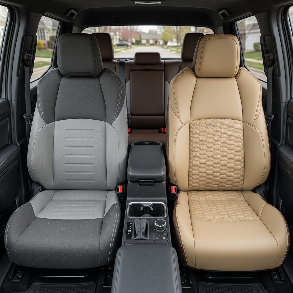 Before-and-after front in-cabin view of a 2024–2026 Toyota Tacoma Hybrid split down the middle: the left front seat shows the factory gray cloth upholstery, while the right front seat shows the upgraded Leatherteck leather seat upholstery kit in coffee brown with cream facing panels, Mayan gold contrast stitching, and Mayan gold double hexagon-stitched center inserts, with the center console, cupholders, shifter, rear bench seat, headrests, and floor liners visible.
