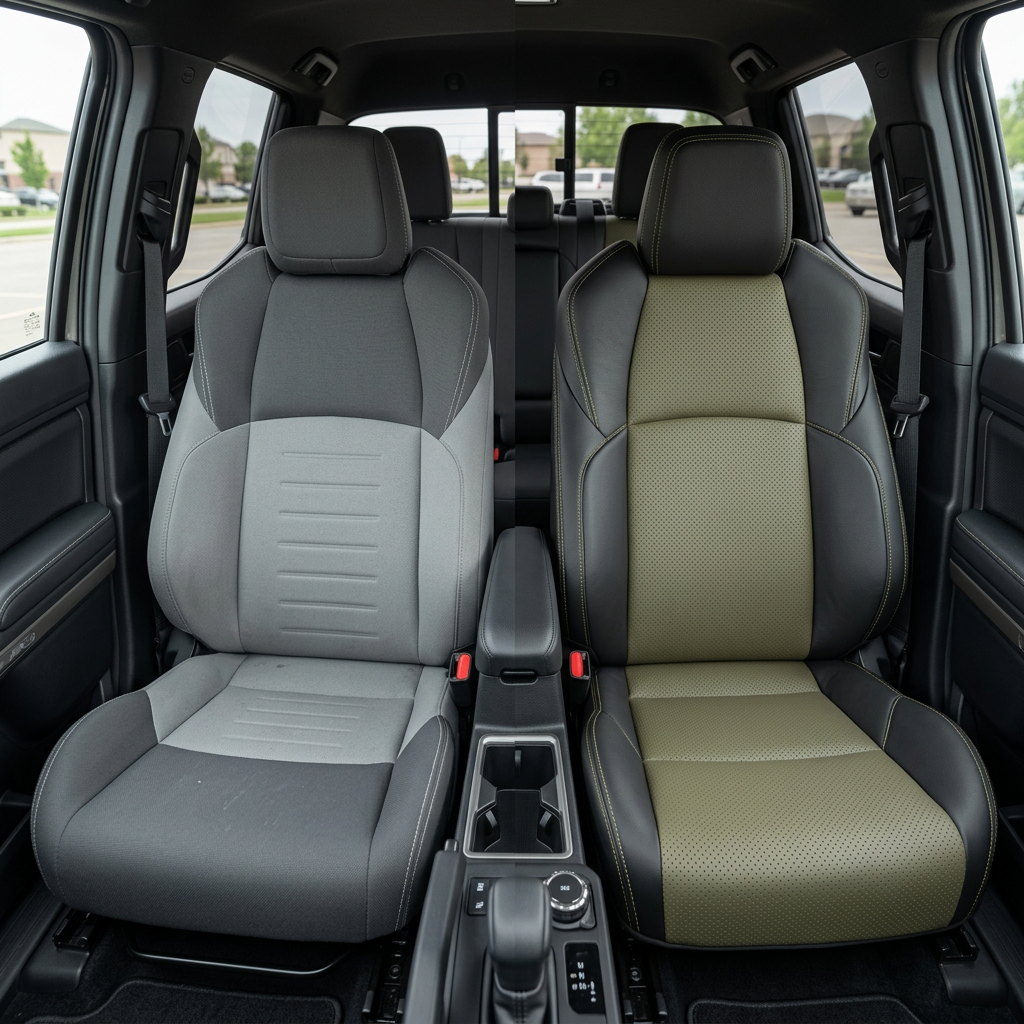 Before-and-after front in-cabin view of a 2024–2026 Toyota Tacoma SR5/TRD/Hybrid split side-by-side: the left front seat shows the factory gray cloth upholstery, while the right front seat shows the upgraded Leatherteck leather seat upholstery kit in black with perforated olive inserts and olive stitching, with the center console, cupholders, gear shifter, rear bench seat, headrests, seatbelts, door panels, and floor mats visible.