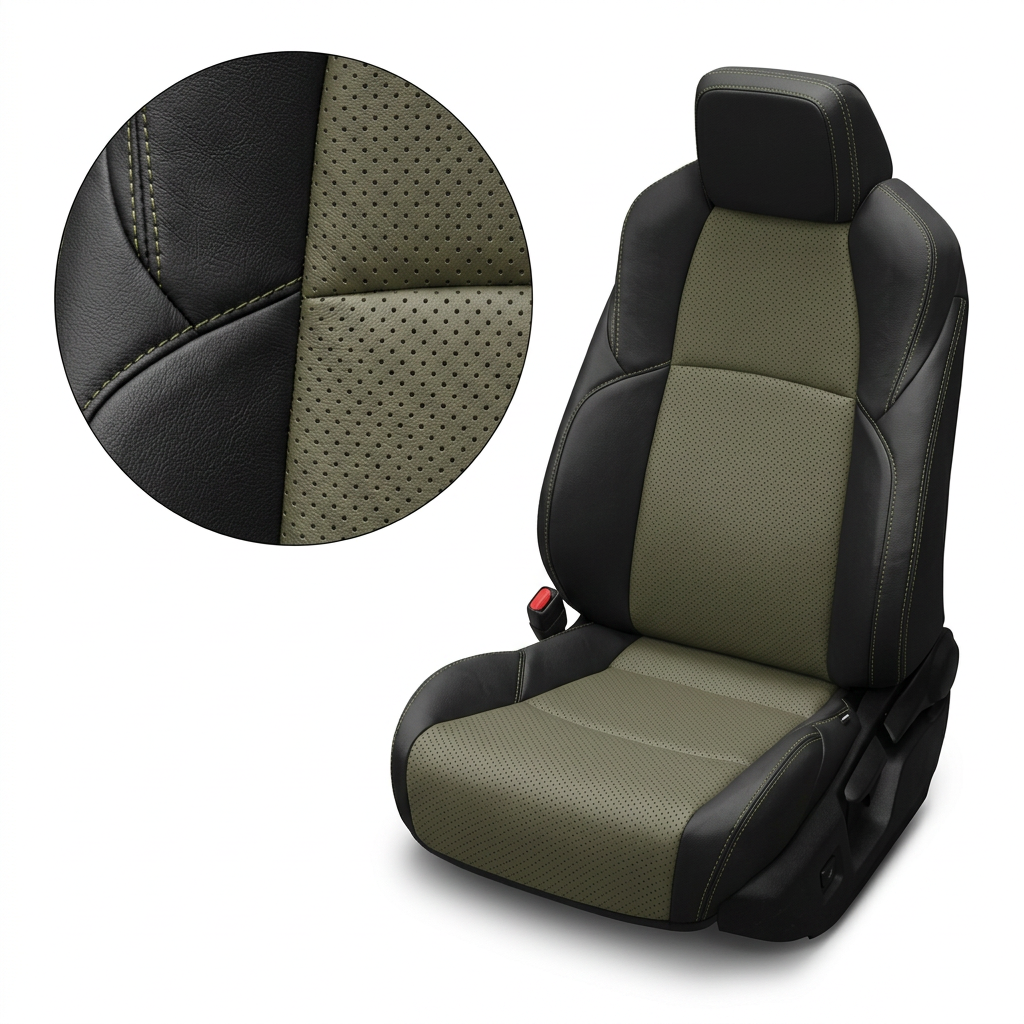Close-up product image of a 2024–2026 Toyota Tacoma SR5/TRD/Hybrid Leatherteck leather seat upholstery kit in black with perforated olive inserts and olive stitching, shown on a white background with a circular zoom inset highlighting the black leather grain, olive perforation pattern, and double-stitched seam detail.