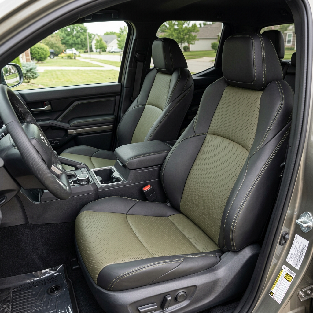 Front in-cabin view of a 2024–2026 Toyota Tacoma SR5/TRD/Hybrid with an installed Leatherteck leather seat upholstery kit in black with perforated olive inserts and olive stitching, shown from the open driver-side door with the front bucket seats, headrests, steering wheel, center console/armrest, cupholders, gear shifter, door panel, and black floor mat visible.