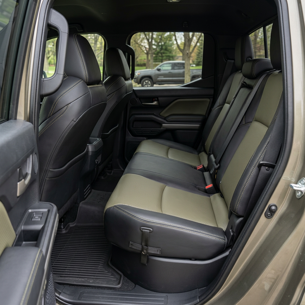 Rear in-cabin view of a 2024–2026 Toyota Tacoma SR5/TRD/Hybrid with an installed Leatherteck leather seat upholstery kit in black with perforated olive inserts and olive stitching, shown through the open rear passenger-side door with the rear bench seat, headrests, seatbelts, front seatbacks, rear door panel, black all-weather floor liner, and black seat bolsters visible.