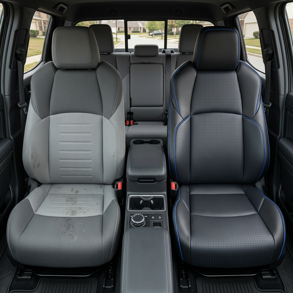 Before-and-after front in-cabin view of a 2024–2026 Toyota Tacoma SR5/TRD/Hybrid split between the two front seats: the left seat shows the original gray cloth factory upholstery, while the right seat shows the upgraded Leatherteck leather seat upholstery kit in black with square perforated blue inserts, Cobalt stitching, and Cobalt piping, with the rear bench seat, center console, cupholders, door panels, seatbelts, and black floor mats visible.