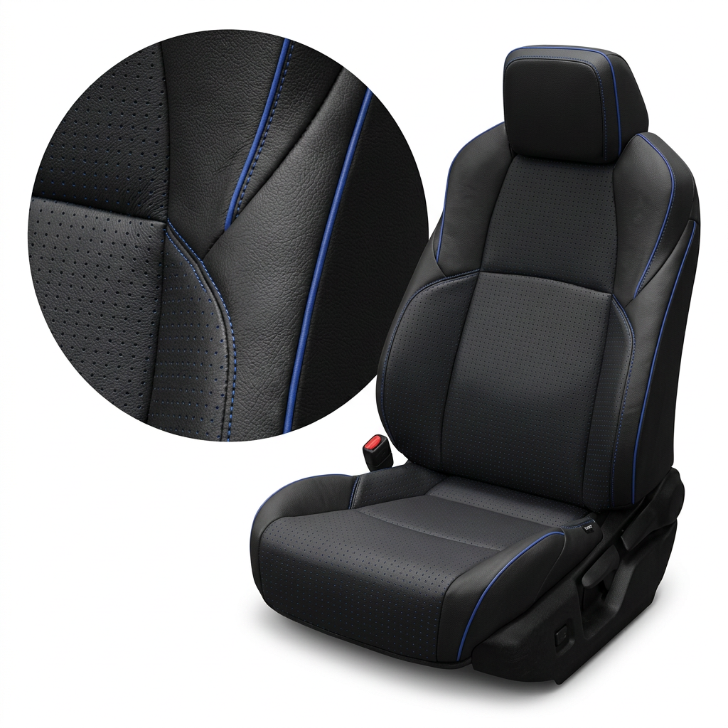 Close-up product image of a 2024–2026 Toyota Tacoma SR5/TRD/Hybrid Leatherteck leather seat upholstery kit in black with square perforated blue inserts, Cobalt stitching, and Cobalt piping, shown on a white background with a circular zoom inset highlighting the black leather grain, square perforation pattern, blue insert detail, and Cobalt stitched seam/piping accents.