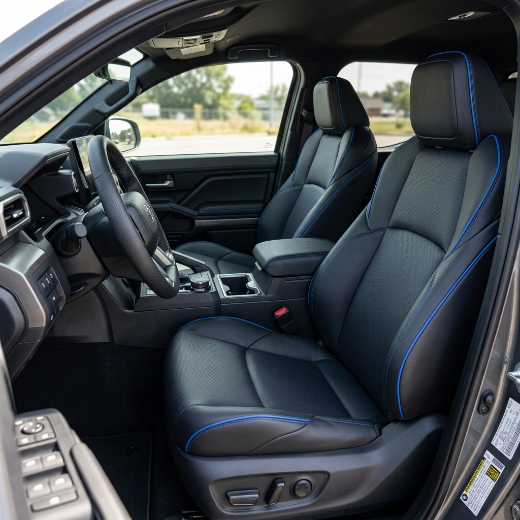  Front in-cabin view of a 2024–2026 Toyota Tacoma SR5/TRD/Hybrid with an installed Leatherteck leather seat upholstery kit in black featuring square perforated blue inserts, Cobalt stitching, and Cobalt piping, shown from the open driver-side door with the front bucket seats, headrests, steering wheel, dashboard, center console/armrest, shifter, cupholders, door panel, and black floor mat visible.