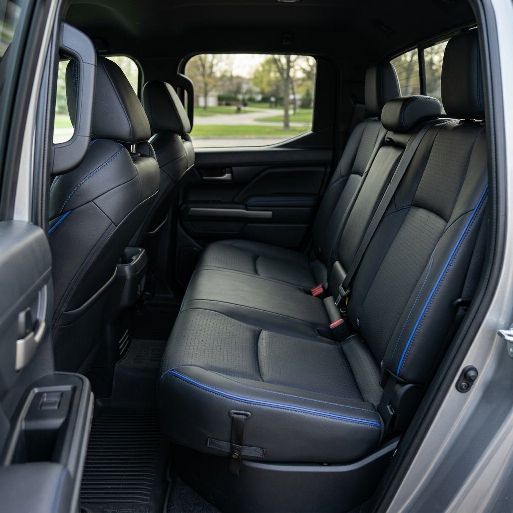 Rear in-cabin view of a 2024–2026 Toyota Tacoma SR5/TRD/Hybrid with an installed Leatherteck leather seat upholstery kit in black featuring square perforated blue inserts, Cobalt stitching, and Cobalt piping, shown through the open rear door with the rear bench seat, headrests, seatbelts/buckles, front seatbacks, rear door panel, and black all-weather floor liner visible.