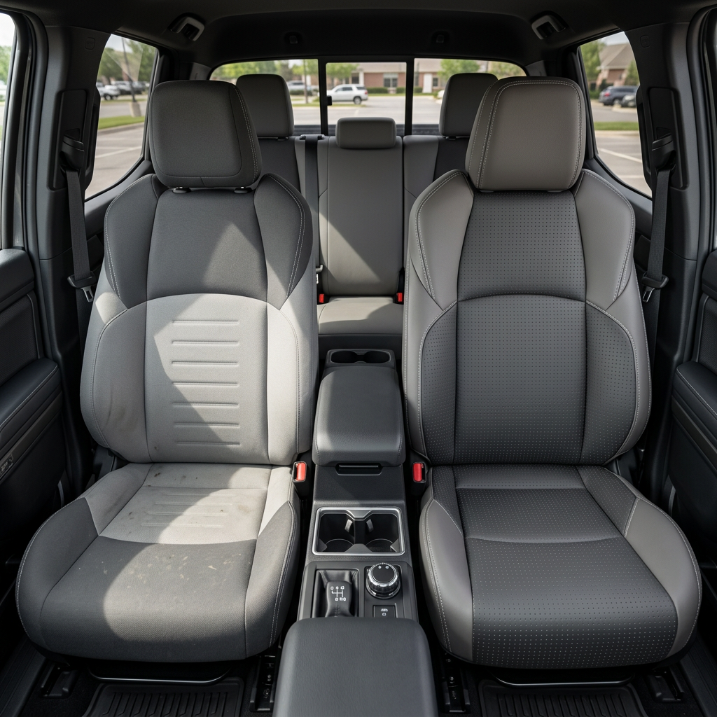 Before-and-after front in-cabin view of a 2024–2026 Toyota Tacoma SR5/TRD/Hybrid showing the factory gray cloth front seat on the left and the upgraded Leatherteck leather seat upholstery kit on the right in Light Grey with square perforated Flint inserts, Flint accent panels, and Silver stitching, with the rear bench seat, headrests, center console, cupholders, shifter controls, seatbelts, door panels, and floor mats visible.