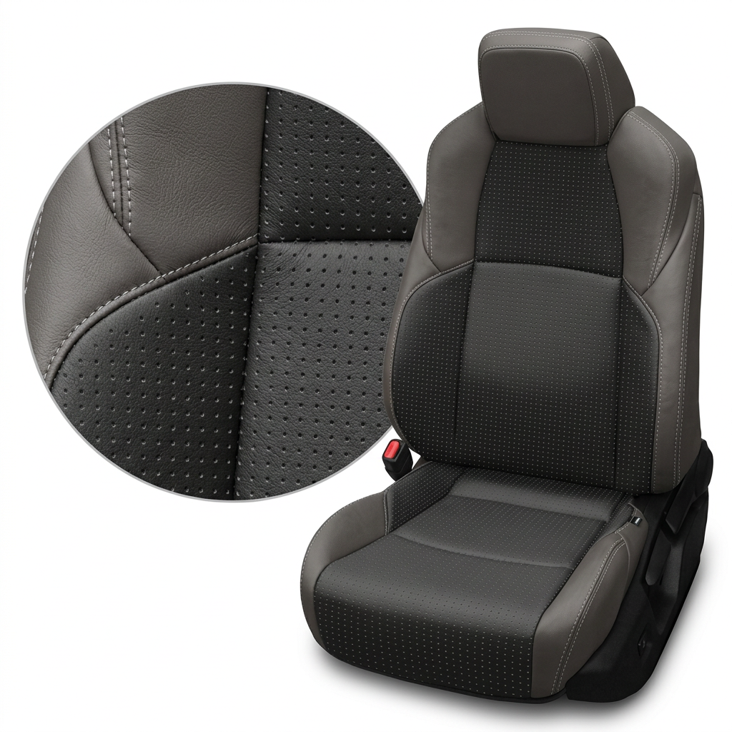  Close-up product image of a 2024–2026 Toyota Tacoma SR5/TRD/Hybrid Leatherteck leather seat upholstery kit in Light Grey with square-perforated Flint inserts, Flint accent panels, and Silver stitching, shown on a white background with a circular zoom inset highlighting the leather grain, perforation pattern, two-tone Flint and Light Grey panel layout, and double-stitched seam detail.

