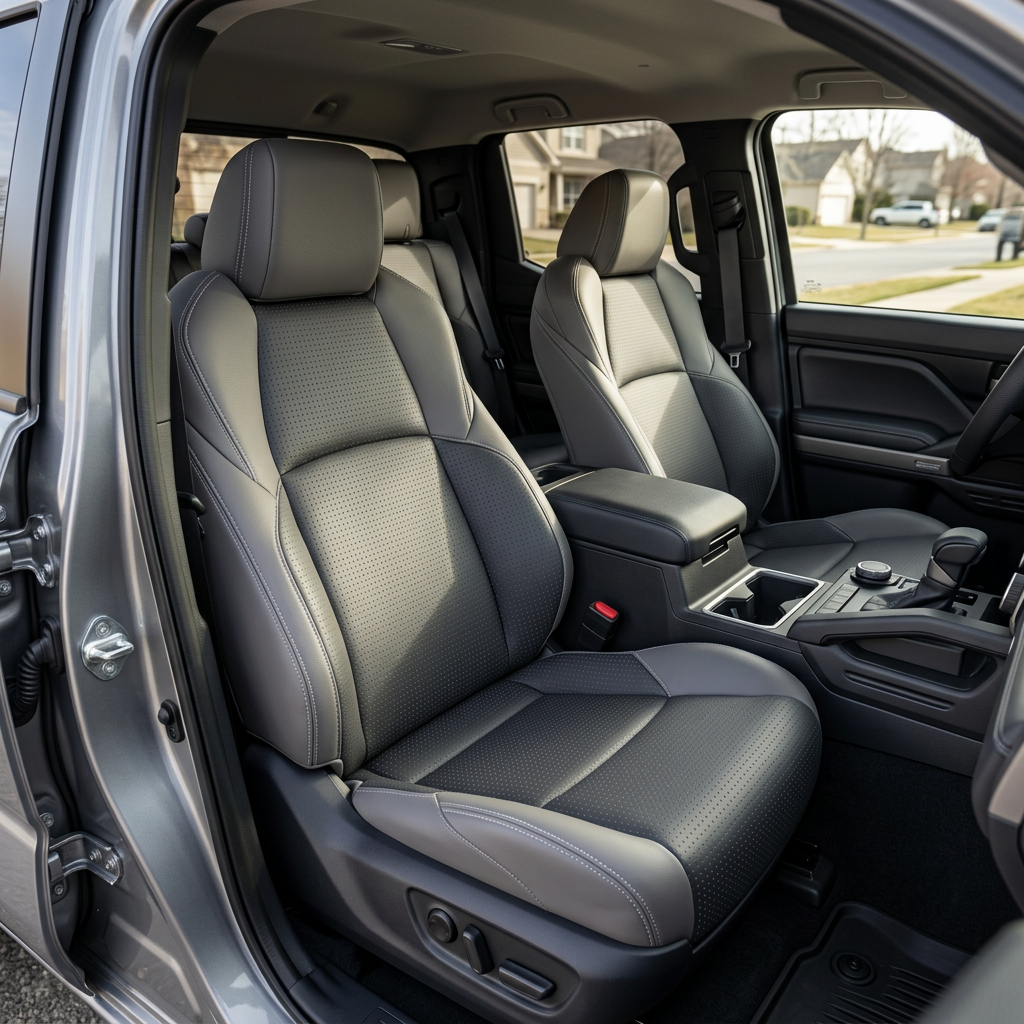 Front in-cabin view of a 2024–2026 Toyota Tacoma SR5/TRD/Hybrid with an installed Leatherteck leather seat upholstery kit in Light Grey featuring square-perforated Flint inserts, Flint accent panels, and Silver stitching, shown from the open driver-side door with the front bucket seats, headrests, center console/armrest, cupholders, gear shifter, door panel, and black floor mats visible.

