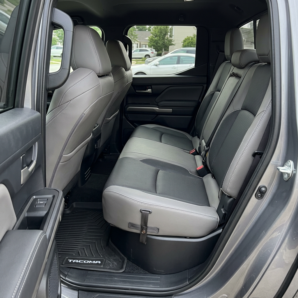 Rear in-cabin view of a 2024–2026 Toyota Tacoma SR5/TRD/Hybrid with an installed Leatherteck leather seat upholstery kit in Light Grey featuring square-perforated Flint inserts, Flint accent panels, and Silver stitching, shown through the open rear passenger-side door with the rear bench seat, headrests, seatbelts/buckles, front seatbacks, rear door panel, and Tacoma all-weather floor mat visible.