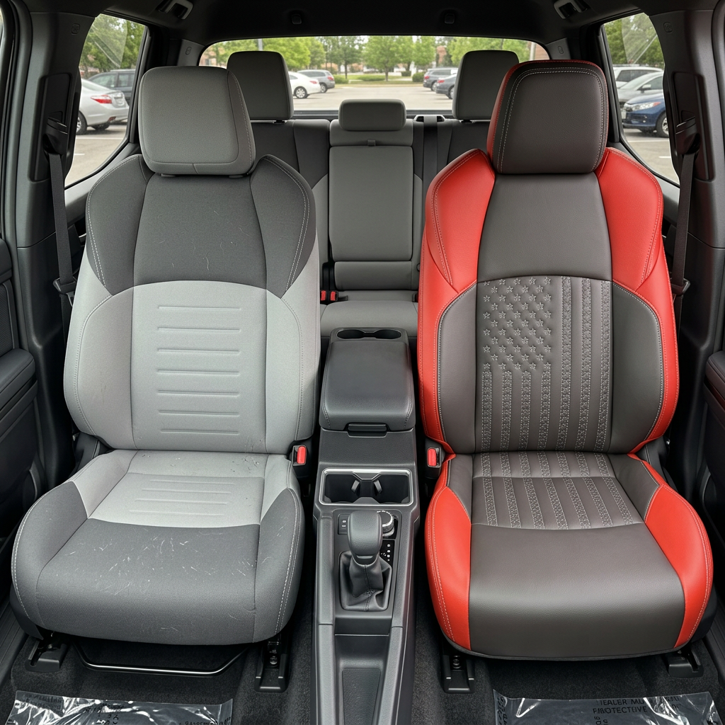  Before-and-after front in-cabin view of a 2024–2026 Toyota Tacoma SR5/TRD/Hybrid split down the middle: the left front seat shows the factory gray cloth upholstery, while the right front seat shows the upgraded Leatherteck leather seat upholstery kit in Salsa red with Dark Graphite inserts, silver stitching, and perforated US flag-pattern center inserts, with the center console, cupholders, gear shifter, rear bench seat, headrests, seatbelts, door panels, and floor mats visible.