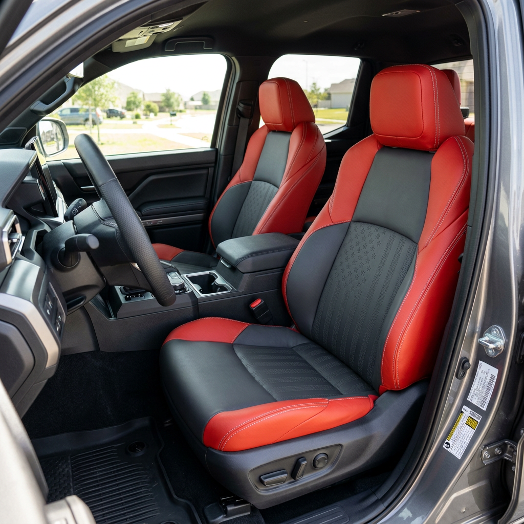 Front in-cabin view of a 2024–2026 Toyota Tacoma SR5/TRD/Hybrid with an installed Leatherteck leather seat upholstery kit in Salsa red with Dark Graphite inserts, silver contrast stitching, and perforated US flag-pattern center inserts, shown from the open driver-side door with the front bucket seats, headrests, steering wheel, center console/armrest, cupholders, door panel, and black floor mat visible.