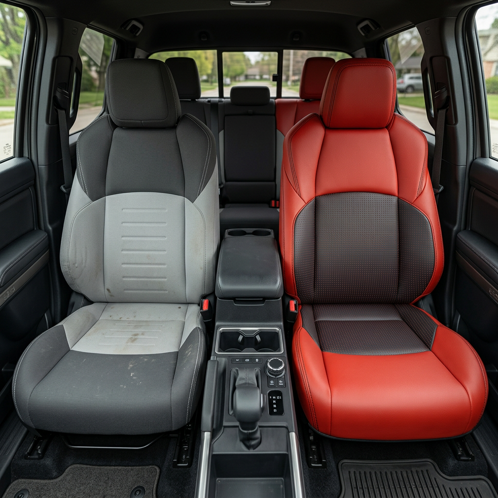Before-and-after front in-cabin view of a 2024–2026 Toyota Tacoma SR5/TRD/Hybrid showing the factory gray cloth front seat on the left and the upgraded Leatherteck leather seat upholstery kit on the right in Salsa Red with square-perforated Red inserts, Red accent panels, and Black stitching, with the center console, cupholders, gear shifter, rear bench seat, headrests, door panels, seatbelts, and floor mats visible.

