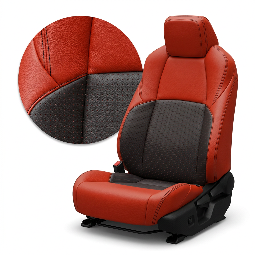 Close-up product image of a 2024–2026 Toyota Tacoma SR5/TRD/Hybrid Leatherteck leather seat upholstery kit in Salsa Red with square-perforated Red inserts, Red accent panels, and Black stitching, shown on a white background with a circular zoom inset highlighting the leather grain, square perforation pattern, two-tone red and black panel layout, and double-stitched seam detail.