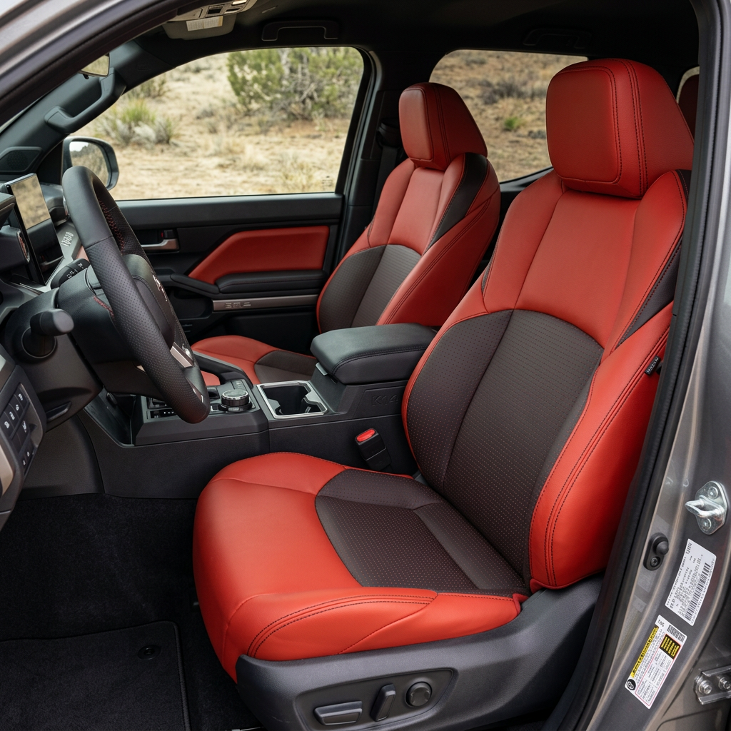 Front in-cabin view of a 2024–2026 Toyota Tacoma SR5/TRD/Hybrid with an installed Leatherteck leather seat upholstery kit in Salsa Red featuring square-perforated Red inserts, Red accent panels, and Black stitching, shown from the open driver-side door with the front bucket seats, headrests, center console/armrest, cupholders, gear shifter, steering wheel, matching red door panel insert, and black floor mat visible.