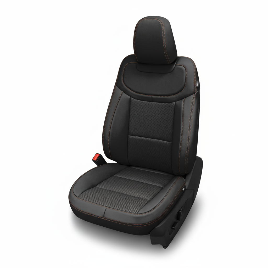 Black leather car seat with perforated inserts and mahogany stitching on a white background.