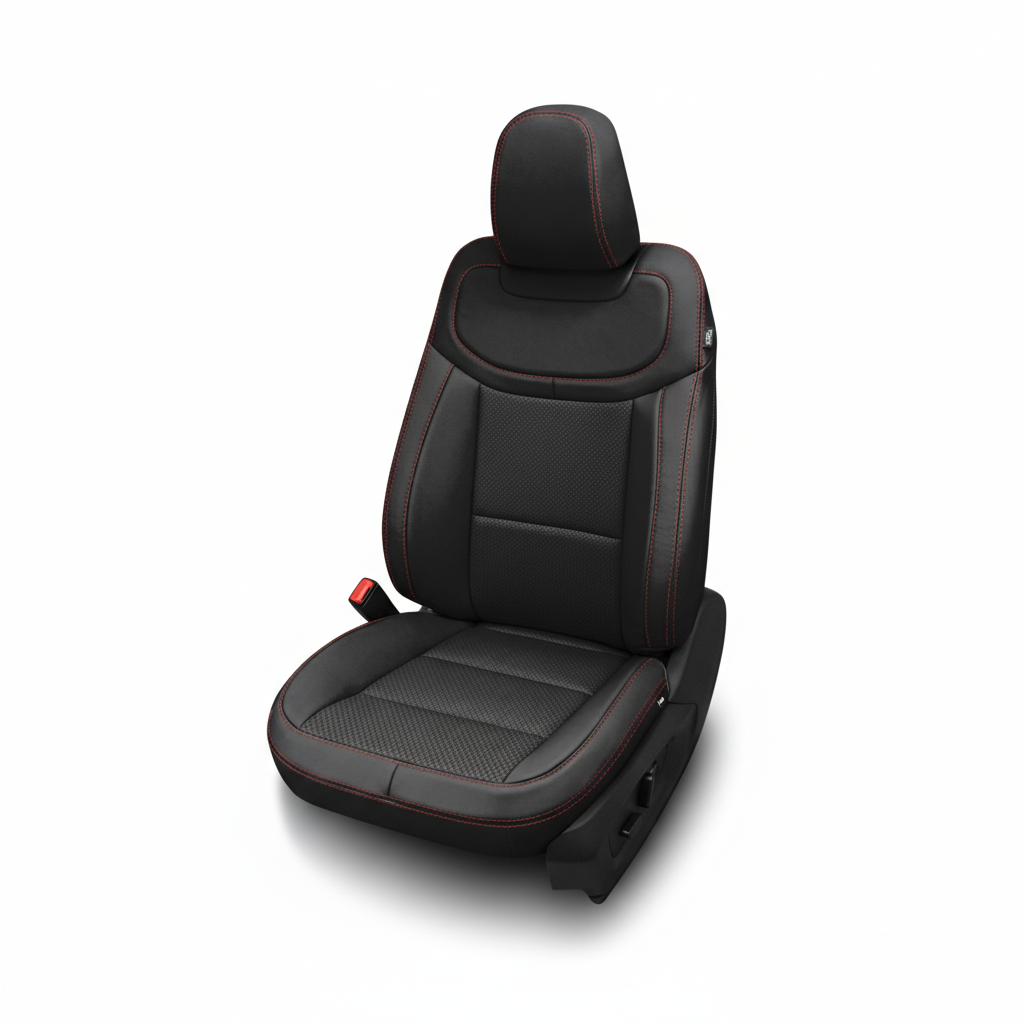 Black car seat cover with red stitching on a white background