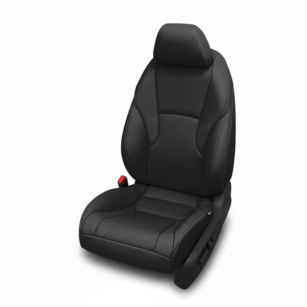 Black leather car seat with perforated inserts and contrast stitching on a white background.