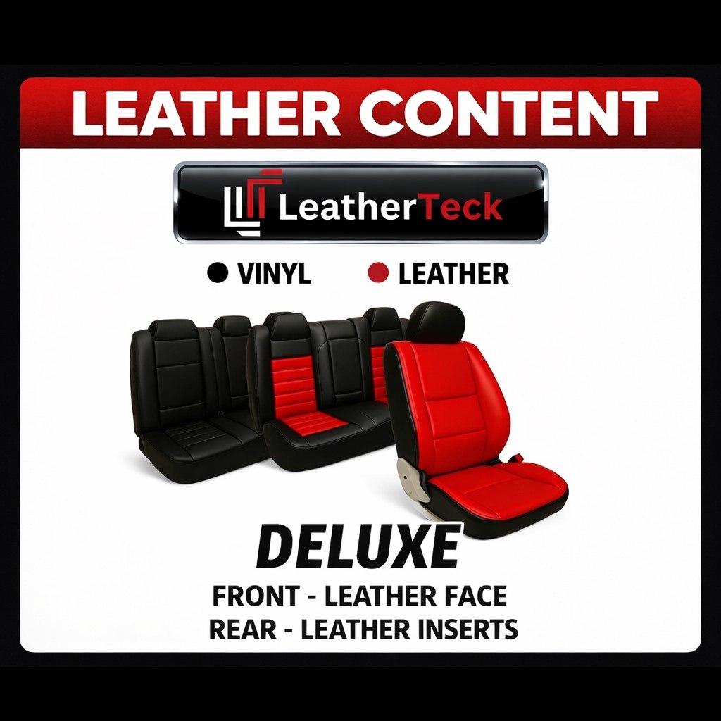 LeatherTeck graphic showing leather and vinyl seat materials with deluxe leather content details.
