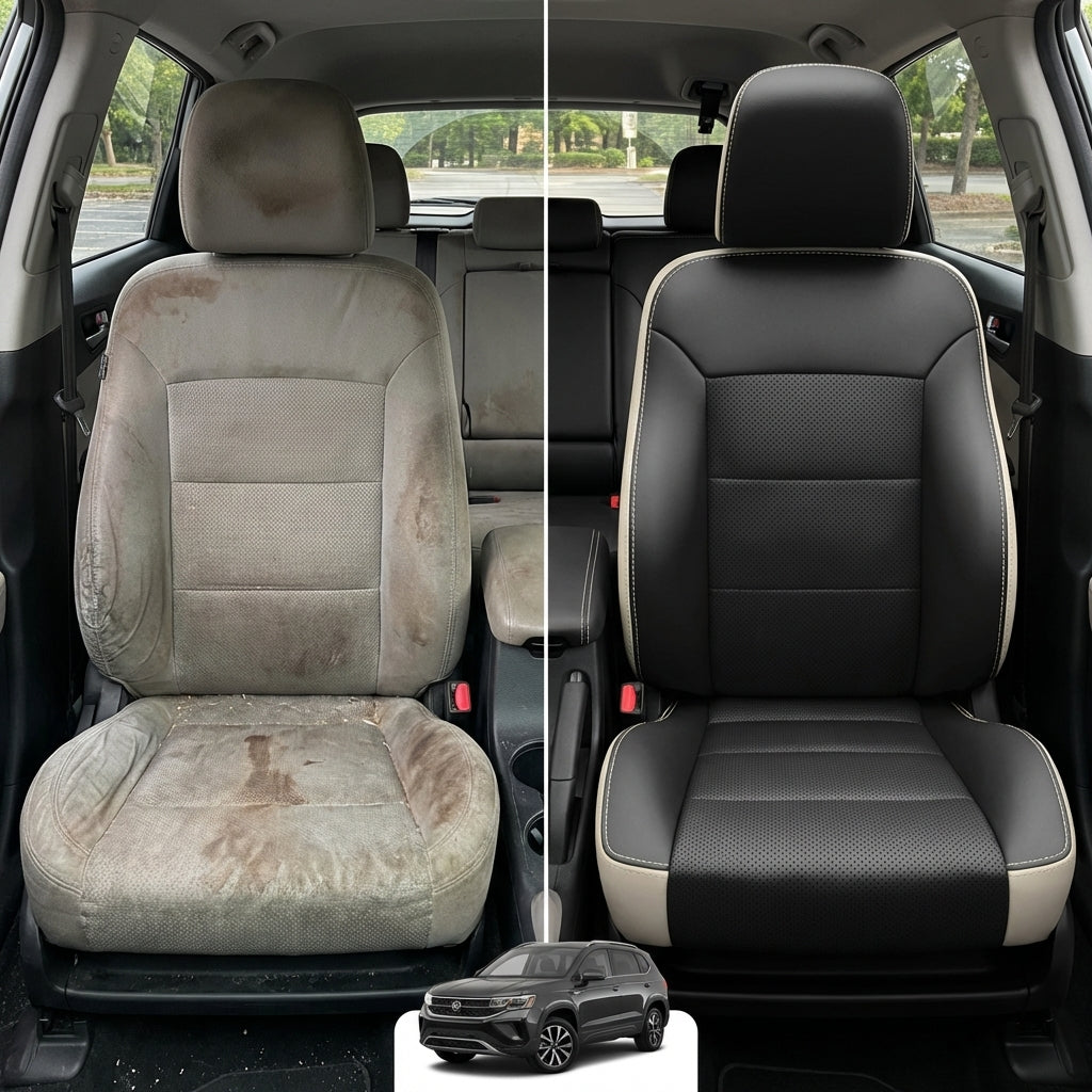 Before-and-after comparison of front seats, showing cloth seat upgraded to perforated leather upholstery.