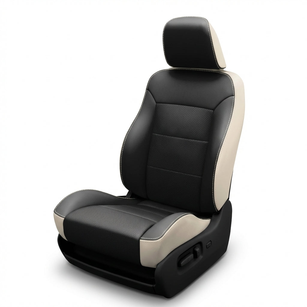 Black and beige car seat on a white background